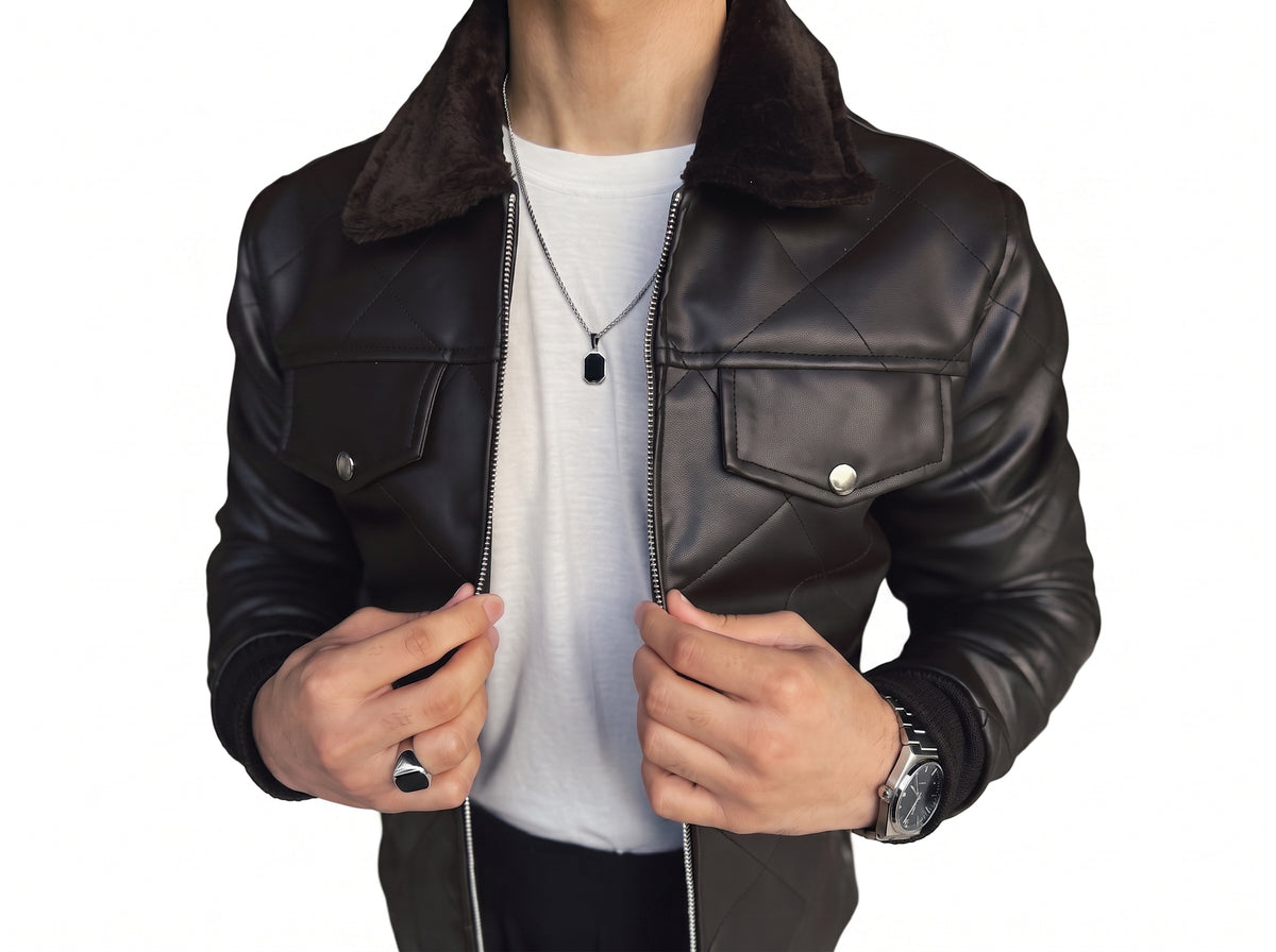 Hollywood Style Coffee Diamond-Cut Leather Jacket