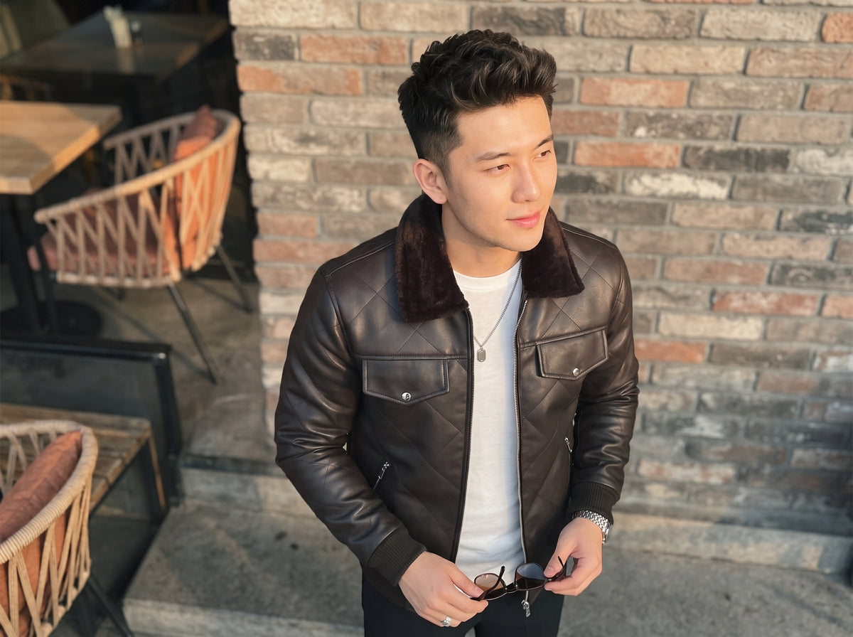 Hollywood Style Coffee Diamond-Cut Leather Jacket