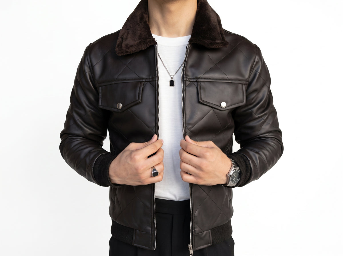 Hollywood Style Coffee Diamond-Cut Leather Jacket